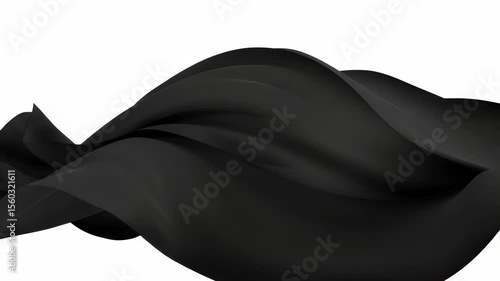 Dynamic Flowing Black Fabric Wave on White Background for Modern Abstract Design and Presentation Backdrops