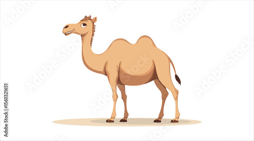 Dromedary camel on a plain white background. It's a vector cartoon illustration showing a humped camel in profile. Stock vector