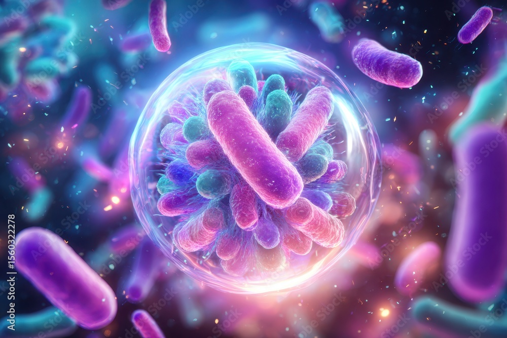 Fototapeta premium Colorful Bacteria and Cells Under Microscope in Science Conceptual Background.