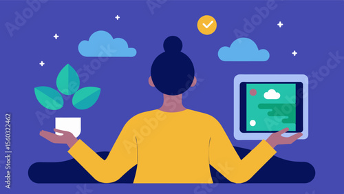 A person with anxiety uses a relaxation and meditation app on their touchscreen which guides them through breathing exercises and calming visualizations.. Vector illustration