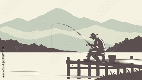 Man Fishing on Lake Dock with Calm Water and Mountain View – Peaceful Nature and Outdoor Recreation

