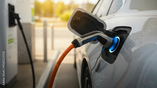 Wallpaper Mural Electric Car Charging at Station with Orange Cable Shiny White Body Under Sunlight Torontodigital.ca