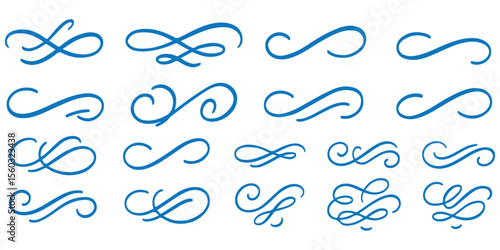 Line ornament flourish calligraphy swirl set. Elegant flourish divider, underline and scroll swash wedding font, label or accent. Line art swirl, chalk flourish, vintage ornament. Vector illustration