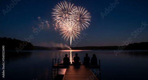 Fototapeta Naklejka Na Ścianę i Meble -  People watching fireworks display over lake from dock at night, Happy Fourth of July