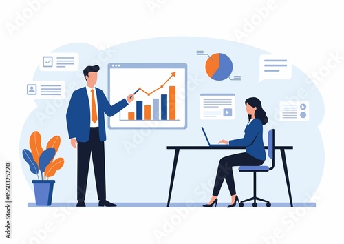 Businessman and businesswoman teamwork on a computer with a financial graph and chart illustrating success concept in an office meeting presentation