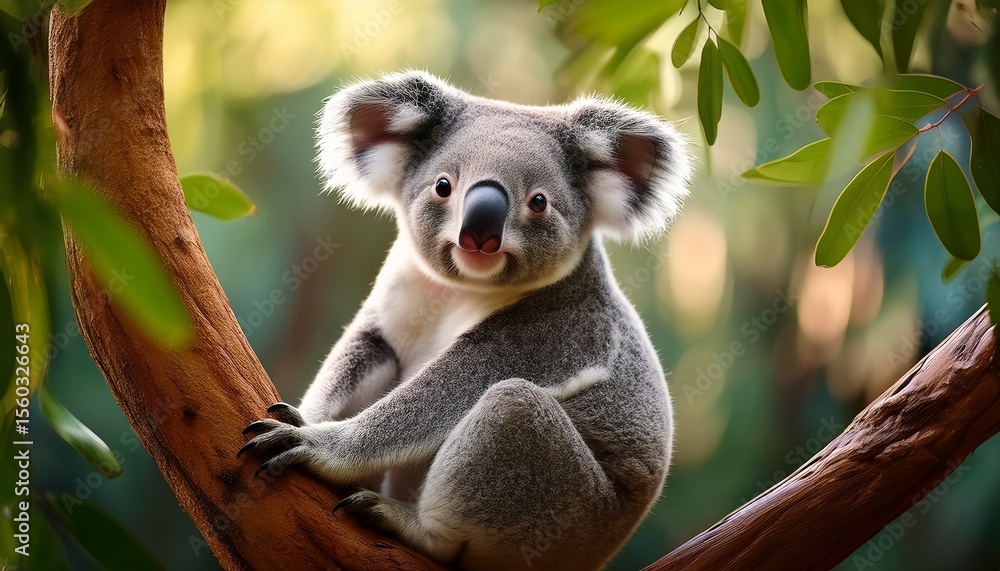 Fototapeta premium cute koala sitting on tree branch surrounded by lush green foliage in natural habitat