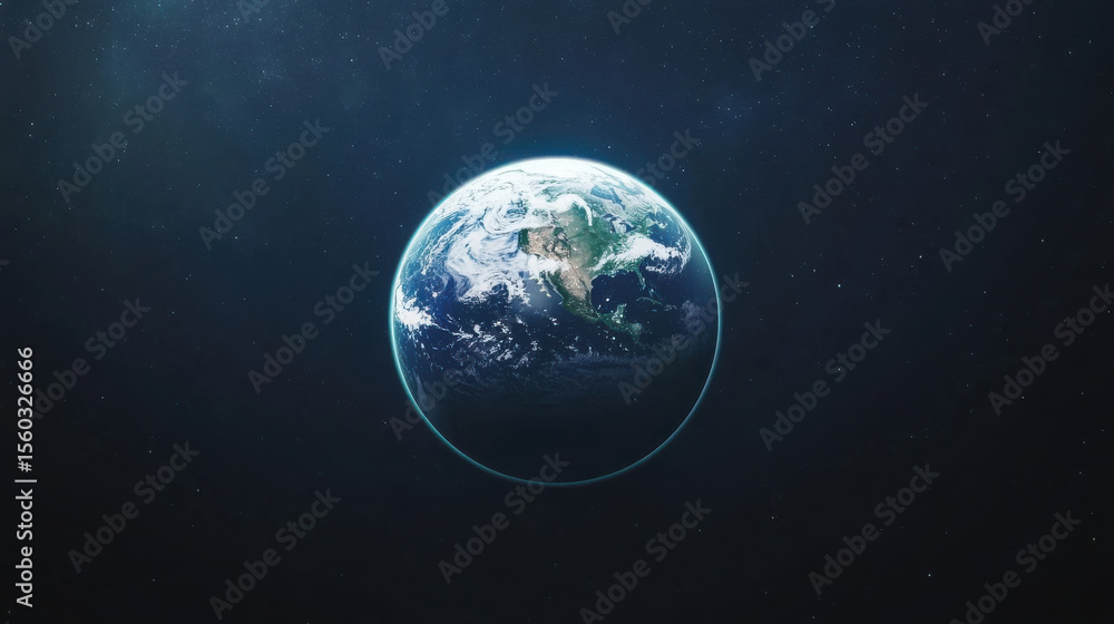 Naklejka premium Glowing digital globe of Earth floating in dark space with visible continents and cloud patterns