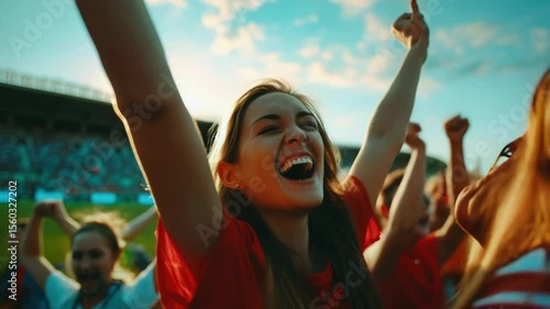 A woman stands with her arms raised, wearing a bright red shirt