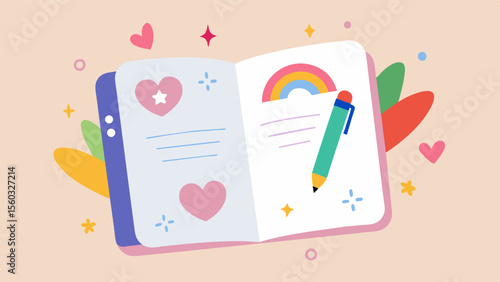 A journal filled with positive affirmations written in colorful markers and decorated with uplifting stickers.. Vector illustration