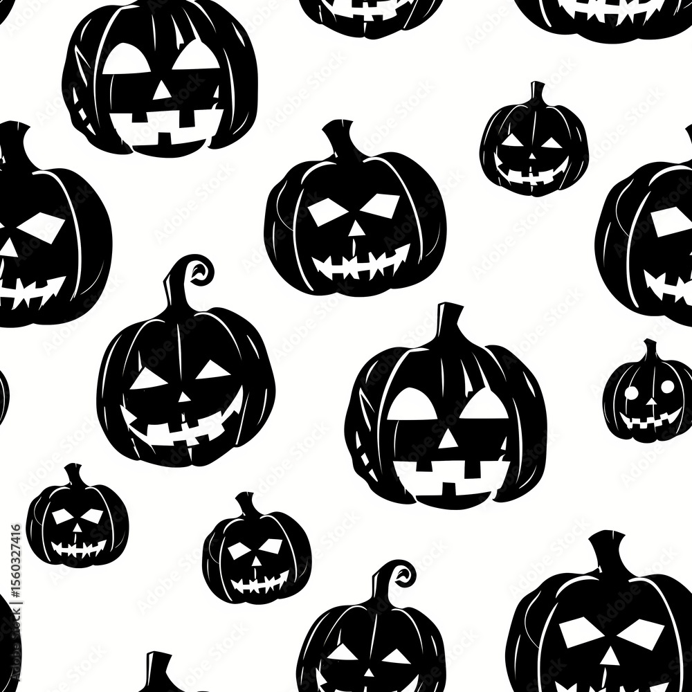 Black hand drawn halloween pumpkin faces on white background, jack o lantern doodle pattern for holiday paper design