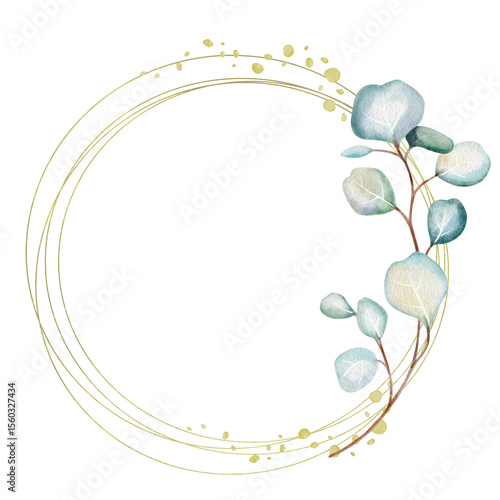 Hand-drawn watercolor illustration of round frame eucalyptus branch with lush, aromatic leaves. Perfect for wedding invitations, botanical prints, minimalist home decor, wellness products marketing.