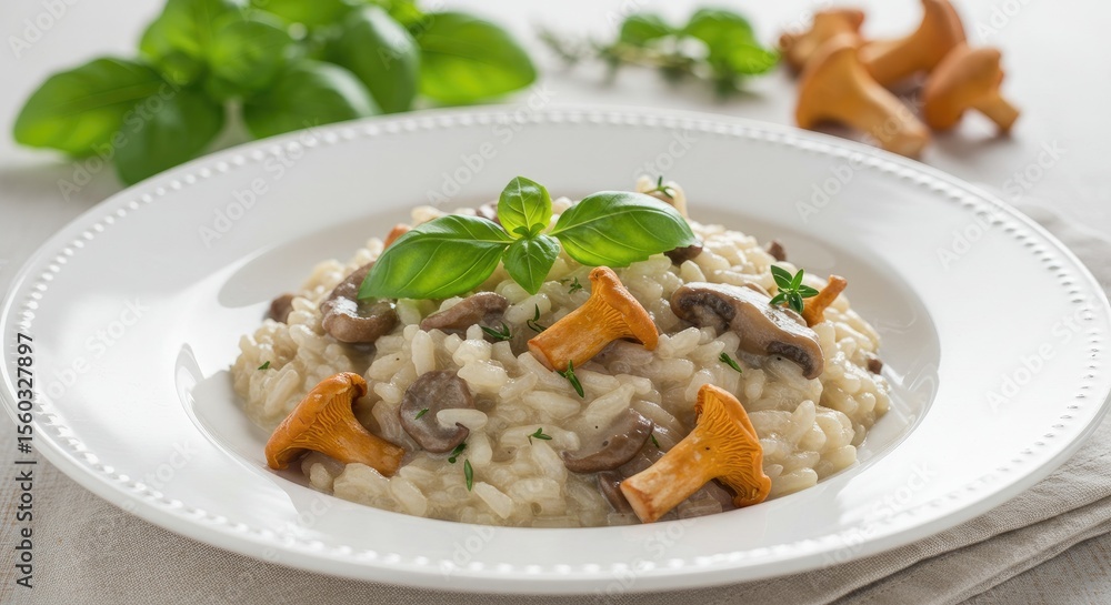 Creamy risotto with wild mushrooms. Fresh herbs garnish a plate of rice dish Creamy risotto with wild mushrooms. Fresh herbs garnish a plate of rice dish