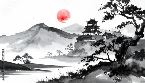 Wallpaper Mural Sumi-e Style Landscape with Japanese Castle, Red Sun, and Mountain Scenery in Ink Painting Torontodigital.ca