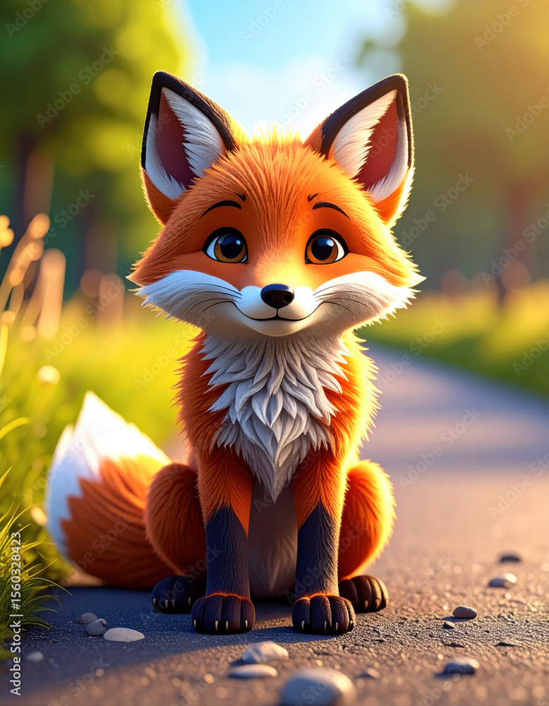 Fototapeta premium Adorable animated fox with fluffy orange fur and bright eyes sits on a peaceful nature trail in warm afternoon sunlight.