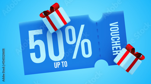 3d coupon with golden present boxes. Special giveaway with coupons or voucher, percentage off. Gift voucher template. Vector illustration
