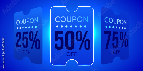 3d coupon slides in row, percent price off, isolated on blue background with light effect. Gift voucher carousel for grand discount banner template. Vector illustration