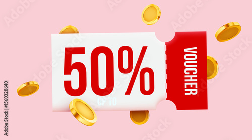 3d coupon with golden coins and present box. Special giveaway with coupons or voucher, percentage off. Gift voucher template. Vector illustration
