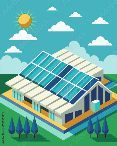 A massive production plant its roof covered entirely with solar panels generating clean energy to fuel its operations.. Vector illustration