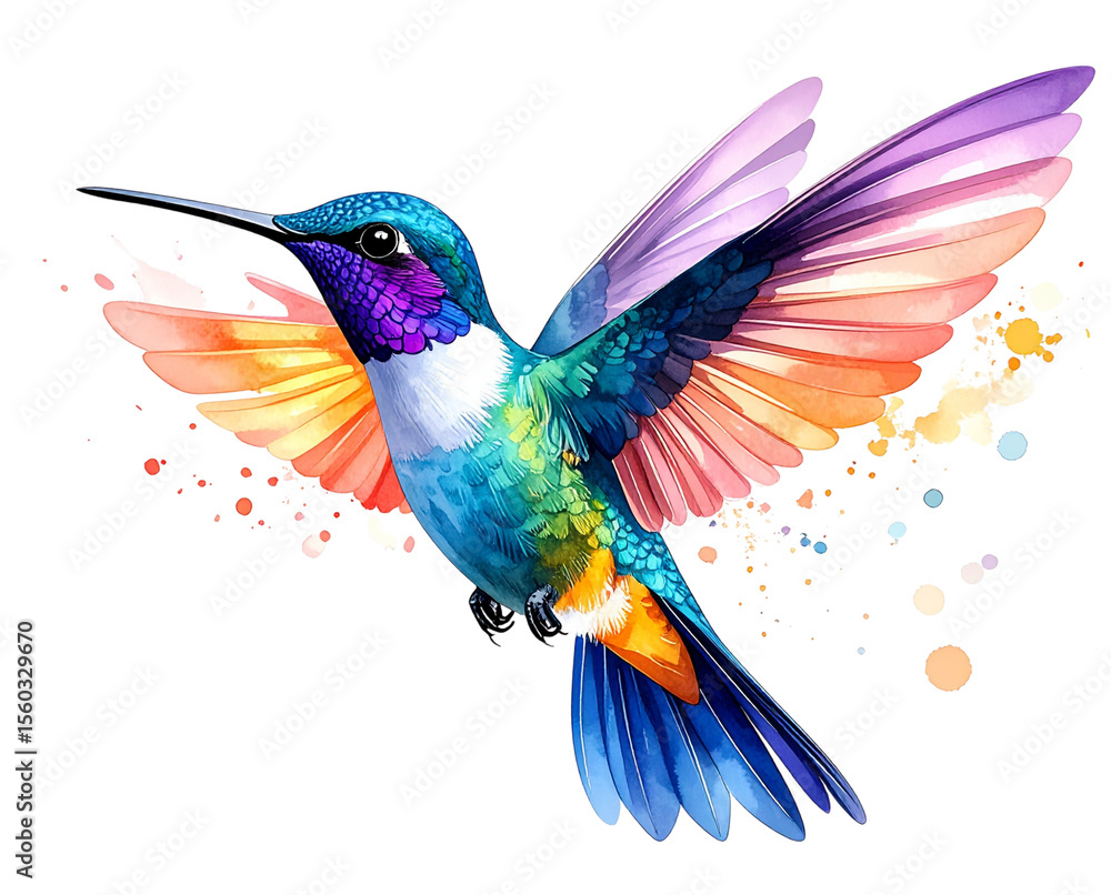 Fototapeta premium Watercolor Style Flying Hummingbird with Rainbow Feathers and Flowing Tail, Transparent Background