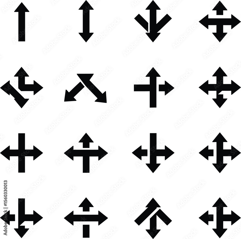 Diverse Arrow Icon Silhouettes: Up, Down, Left, Right, Double-Ended, Four-Way, and Circular Arrows for Navigation and Direction. Diverse Arrow Icon Silhouettes: Up, Down, Left, Right, Double-Ended, Four-Way, and Circular Arrows for Navigation and Direction.