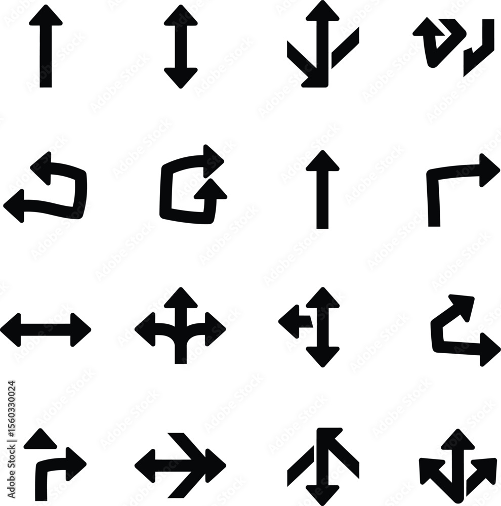Diverse Arrow Icon Silhouettes: Up, Down, Left, Right, Double-Ended, Four-Way, and Circular Arrows for Navigation and Direction. Diverse Arrow Icon Silhouettes: Up, Down, Left, Right, Double-Ended, Four-Way, and Circular Arrows for Navigation and Direction.