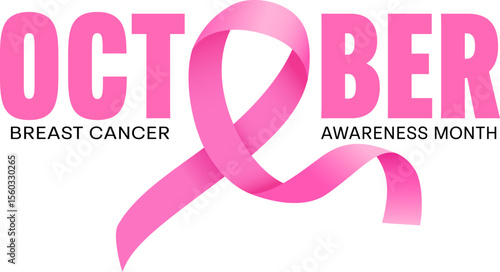 October breast cancer emblem sign for awareness month with pink ribbon symbol. Illustration.