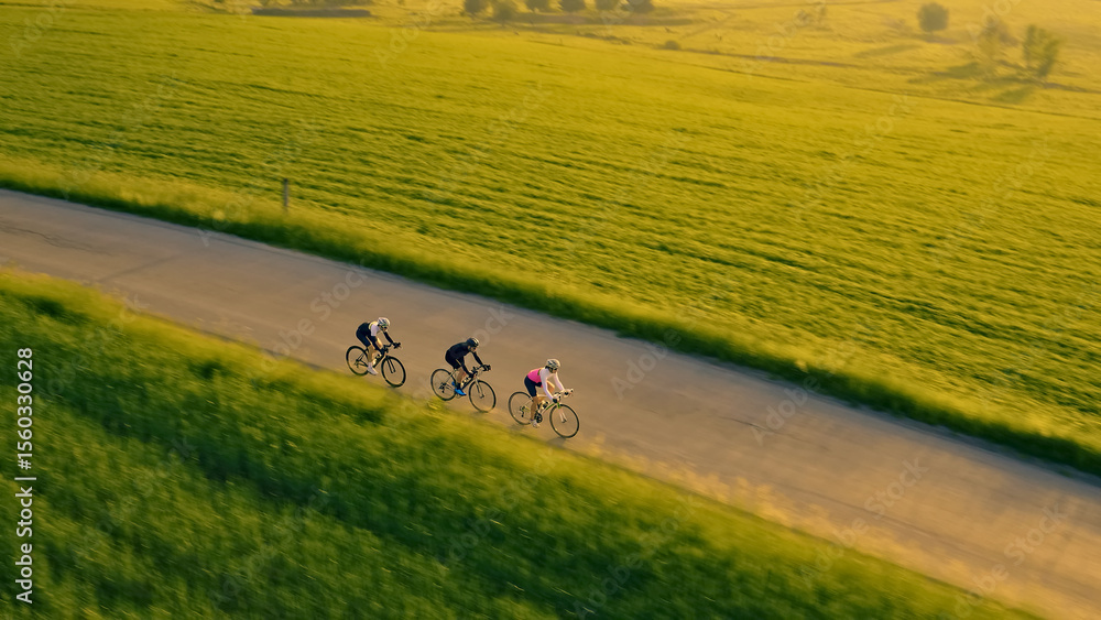 Obraz premium A group of cyclists pedal down a winding road, surrounded by lush green fields. The aerial view highlights their teamwork and the beauty of the countryside.