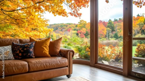 Autumn living room with fall foliage view