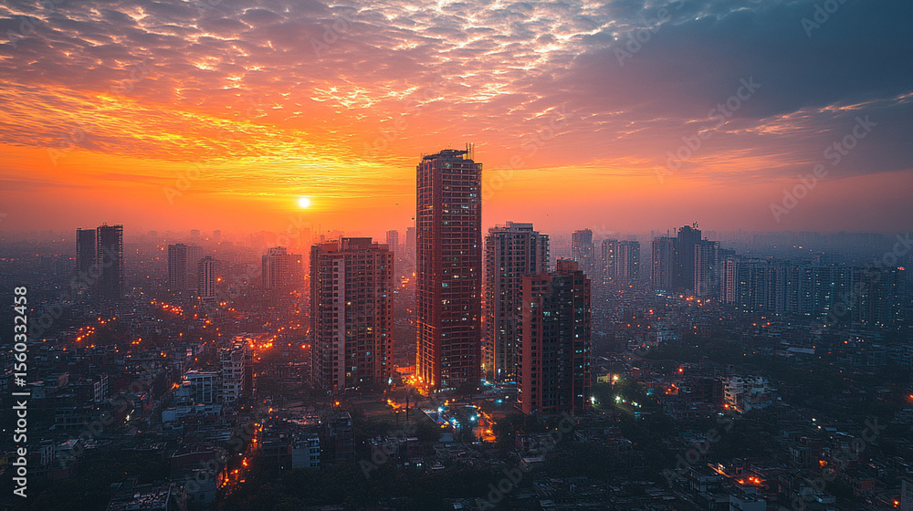 Fototapeta premium City skyline at sunrise with colorful sky