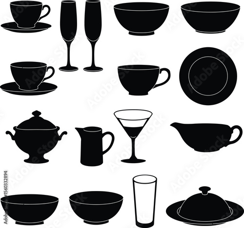 Diverse Tableware & Dinnerware Silhouettes: Cups, Bowls, Glasses, and Serving Dishes for Dining and Kitchen Concepts.