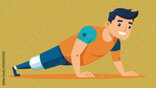 A man with a prosthetic arm confidently doing pushups with his one strong arm while smiling at the camera.. Vector illustration