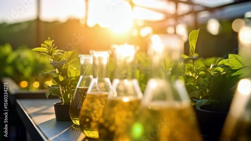Laboratory beakers containing yellow liquid and air bubbles arranged in a greenhouse for plant based biofuels research and development on a sunny day.
