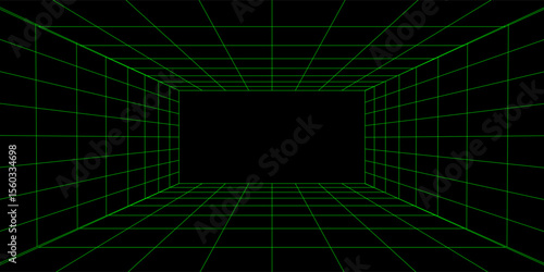 Empty futuristic 3D wireframe green room. Vector perspective grid. Cyberspace background. Box with digital space in virtual reality.