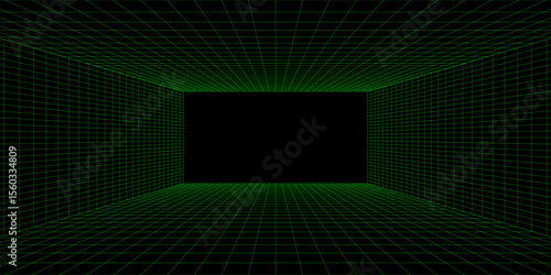 Empty futuristic 3D wireframe green room. Vector perspective grid. Cyberspace background. Box with digital space in virtual reality.