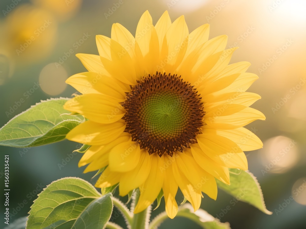 Naklejka premium Close-Up of Bright Yellow Sunflower in Bloom with Sunlight