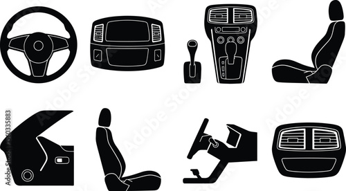 Black Car Interior Parts Diagrams Set Steering Wheel Seats Dashboard