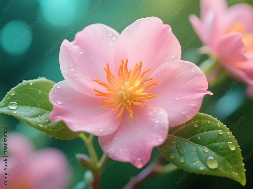 Obraz premium Close-Up of Pink Flower with Dew Drops in Morning Light