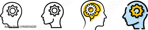 Thinking process icons set, brain gear mechanism vector bundle, line art, isolated on transparent background