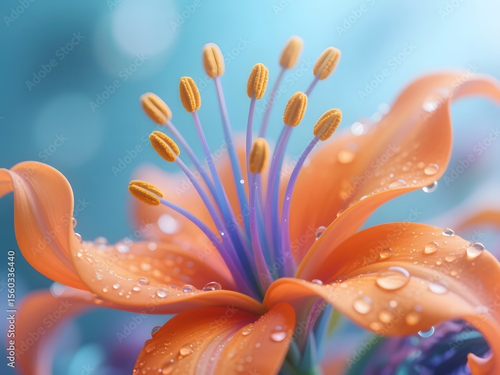 Fototapeta premium Orange Lily Flower with Water Droplets in Soft Blue Background