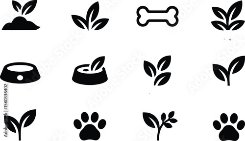 Black and White Pet Food Icons Dog Paw Leaves Bone Bowl