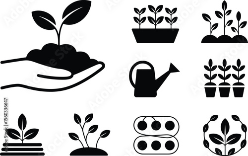 Black Silhouettes Gardening Plants Sprout Hand Watering Can