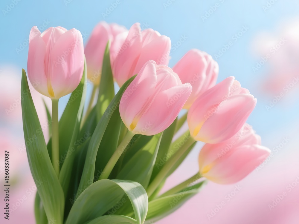 Fototapeta premium Pink Tulips Bouquet on Sparkling Glitter Background