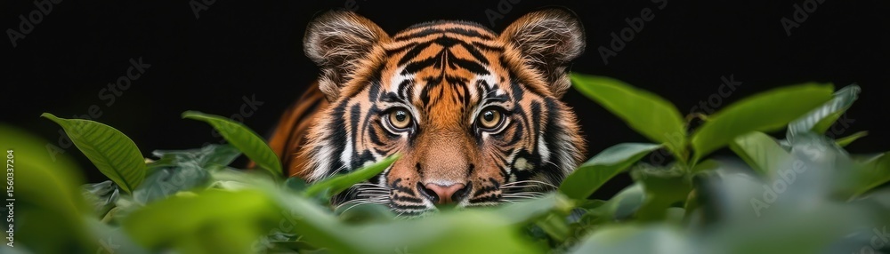 Fototapeta premium Majestic Sumatran Tiger Displaying Intense Gaze Amidst Green Foliage in Lush Environment