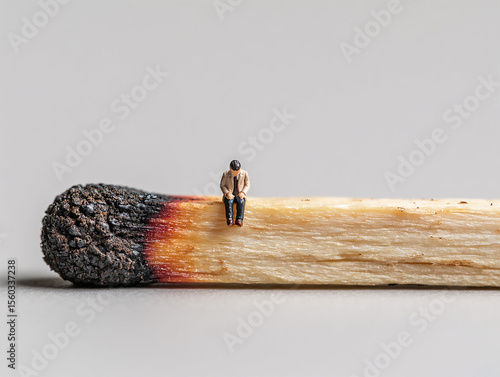 Tiny person sitting in center of giant burnt-out matchstick, emotional exhaustion and burnout concept. Powerful metaphor of mental burnout and stress for therapy, wellness. Generative Ai.