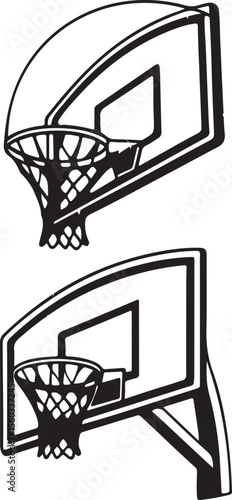 Basketball hoops with backboard and net in black silhouette style, sports illustration for competition, training, and playground design. Bold vector artwork. Perfect for athletic and team projects.