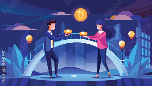Illustration of a man and woman exchanging coins on a bridge with a cityscape and a large coin above them