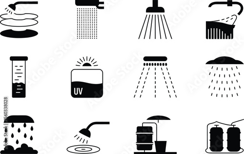 Water Shower Systems Icons Black Glyphs Set vector