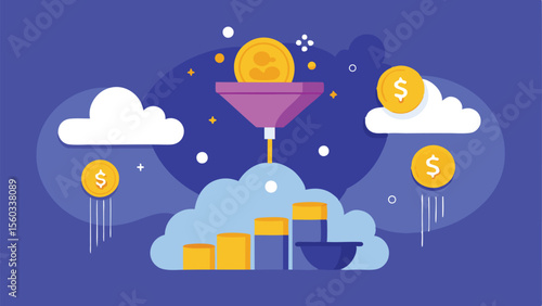 Illustration of a funnel converting money into assets with clouds and dollar coins on a blue background