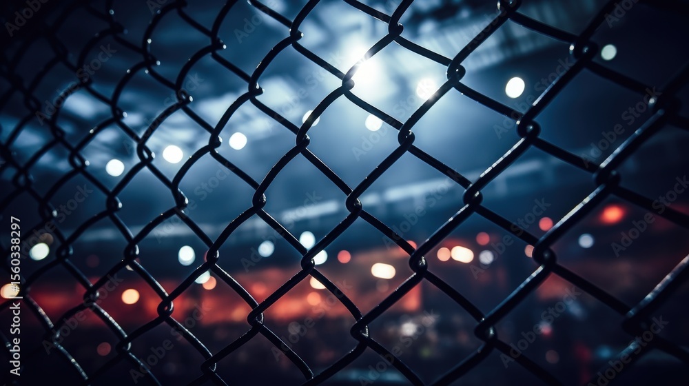 Fototapeta premium Close-up of a chain-link fence with blurred stadium lights and audience in the background, creating a dramatic, atmospheric effect.