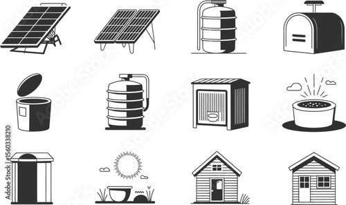Black and White Icons Rural Structures Solar Panels Water Tanks Sheds